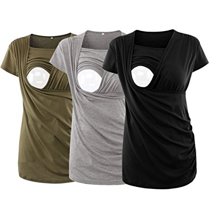 Jinson 3 Packs Women's Ruched Side-Shirred Nursing Top Short Sleeve Breastfeeding Tee Shirt