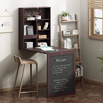 JAXPETY Wall Mounted Space-Saving Desk, Fold Out Computer Laptop Desk with Storage Bookcase & Chalkboard, Convertible Writing Desk for Home Office, Brown