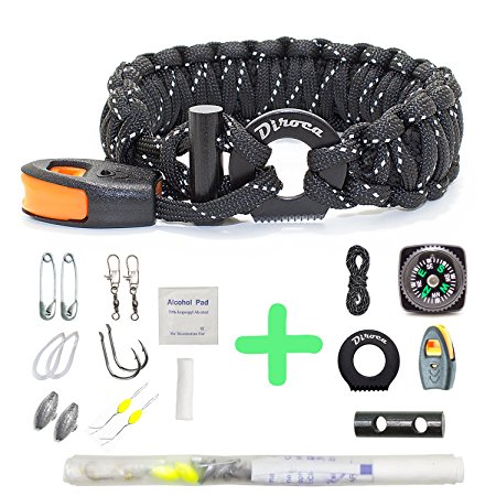 Paracord Bracelet Survival Gear - 550 Premium Black Reflective Parachute - Outdoor Emergency First Aid Tool Kit 19 in 1 Compass, Fire Starter, Emergency Knife, Whistle, Rescue Rope & Food Fishing Gear