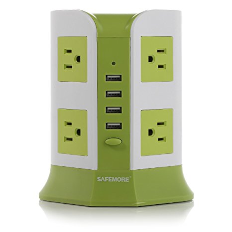 Power Strip 8-AC Outlets and 4-Port USB Charging Ports with 6.5-Foot Cord（Green White）