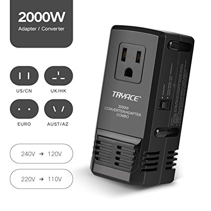 TryAce 2000W Worldwide Travel Converter and Adapter Set Down Voltage 240V to 110V Combo International Voltage Converter for Hair Dryer Phones Laptop All in One Plug Adapter Wall Charge for UK/AU/US/EU