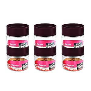 CELLO Modustack Stackable Container Set | PET Plastic Jar with Air Tight Lid | For Storage of Food, Pulses, Spice, Cereals, Cookies, Dry Food | 500ml | Set of 6, Maroon