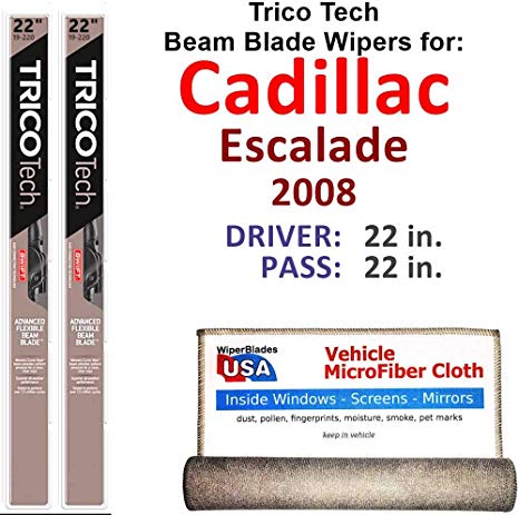 Beam Wiper Blades for 2008 Cadillac Escalade Driver & Passenger Trico Tech Beam Blades Wipers Set of 2 Bundled with Bonus MicroFiber Interior Car Cloth