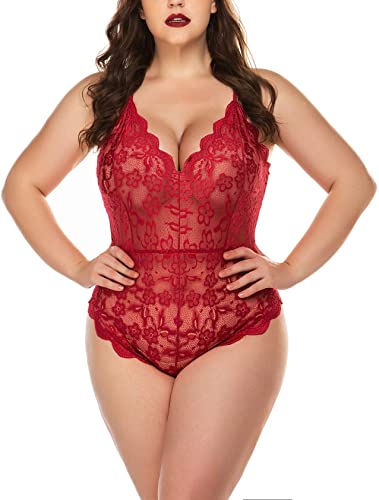 ELOVER Plus Size Lingerie for Women Lace Teddy Lingerie Bodysuit One Piece Babydoll