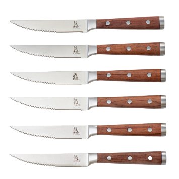 6 Piece Serrated Stainless Steel Steak Knife Gift Box Set with Stylish Rose Wood Handle