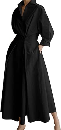 ZANZEA Women's V Neck Maxi Dress Long Sleeve Wrap Casual Elegant Pleated Solid Dresses