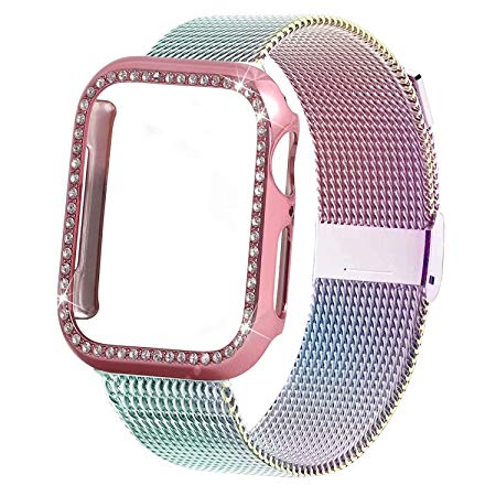 INTENY Compatible for Apple Watch Band 38MM 40MM 42MM 44MM with Bling Screen Protector, Women Stainless Steel Mesh Strap with Protective Crystal Diamond Case Compatible for iWatch Series 4/3/2/1