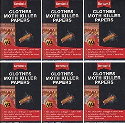 6 x Rentokil Clothes Moth Killer Papers 10 Per Pack Kills Larvae Eggs