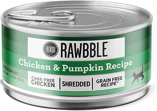 BIXBI Rawbble Shredded Chicken & Pumpkin Recipe Cans – Grain Free, Protein Rich Wet Cat Food – (2.75 Ounce Cans, Case of 24)