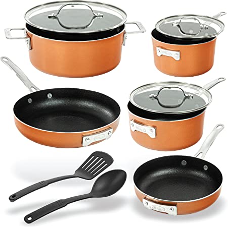 Gotham Steel Pots and Pans Set Nonstick, 10 Piece Space Saving Kitchen Cookware Set with Induction Cookware, Stackable Nonstick Pots and Pans for Cooking, Dishwasher & Stovetop Safe, 100% Toxin Free