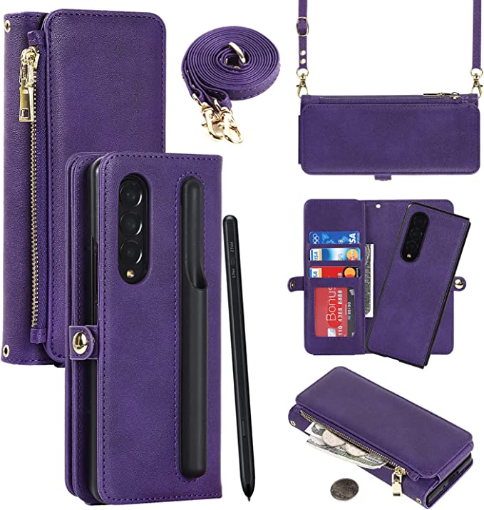 SailorTech Samsung Galaxy Z Fold 3 5G Detachable Wallet Phone Case with S Pen Holder 9 Card Holder 1 Zipper Coin Wallet 1 Cash Slot Lanyard Flip Leather Cover Purple