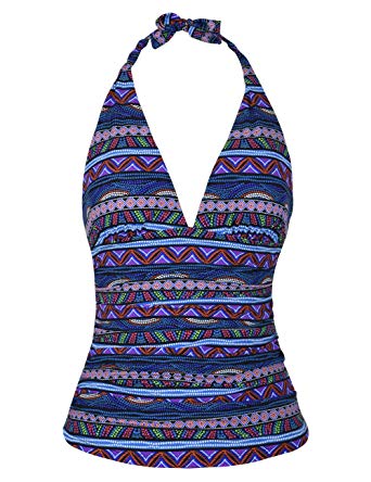 Hilor Women's Plunging V Neck Halter Swim Tops Shirred Tankini Top