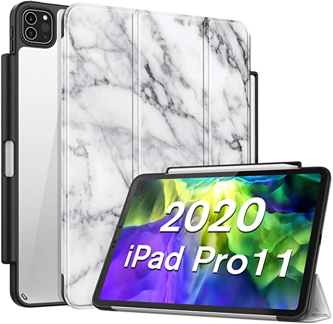 Fintie Case with Pencil Holder for iPad Pro 11" 2020 & 2018 [Supports 2nd Gen Pencil Charging] - Slim Transparent Clear Hard Back Cover with Soft TPU Edge, Auto Wake/Sleep, Marble White