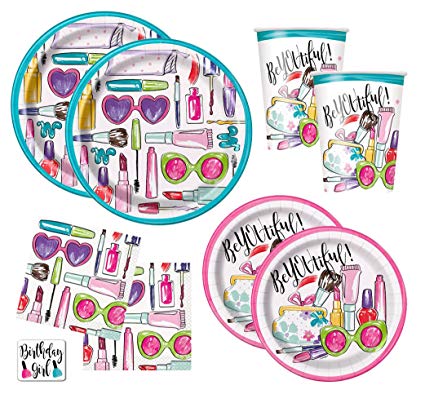 Girls Spa Makeup Birthday Party Supplies Pack - Dinner Plates, Cake Plates, Napkins, Cups (Standard - Serves 16)