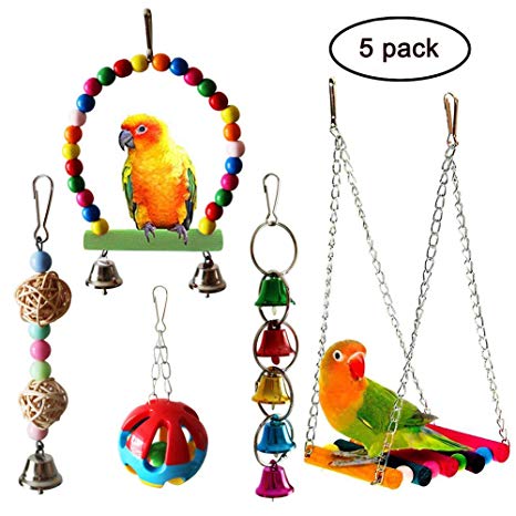 QUMY 5pcs Bird Parrot Toys Hanging Bell Pet Bird Cage Hammock Swing Toy Wooden Hanging Perch Toy for Small Parakeets Cockatiels, Conures, Macaws, Parrots, Love Birds, Finches