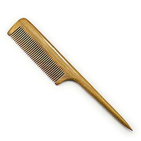 Meta-C Anti-Static Rat Tail Hair/Beard Comb – Handmade Of Natural Green Sandal Wood With Rattail To Parting Hair For Styling (Fine Tooth)
