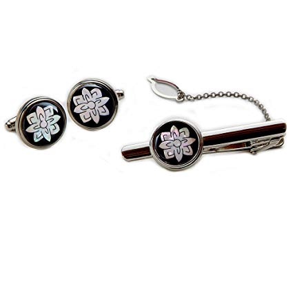 Mother of Pearl Lotus Flower Design Round Tie Clip Bar Clasp Pin Tack Tac and Cufflinks Set