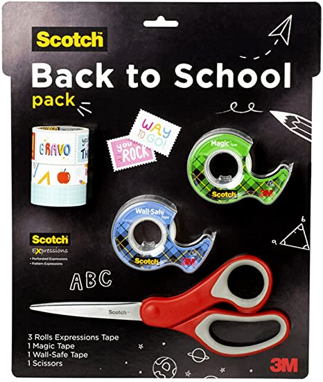 Scotch Back to School Pack, Includes 1 Pair Multi-Purpose Scissors, 3 Rolls Scotch Expressions Tapes, 1 Roll Scotch Magic Tape, and 1 Roll Scotch Wall-Safe Tape (BTSPKScotch-21)