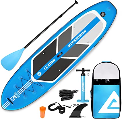 Leader Accessoris Inflatable Stand up Board with Fins Adjustable Paddle Black Kayak Leash Backpack Pump with Gauge
