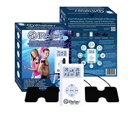 iReliev TENS  EMS Combination Unit Muscle Stimulator for Pain Relief and Arthritis and Muscle Strength - Treats Tired and Sore Muscles in Your Shoulders Back Abs Legs Knees and More