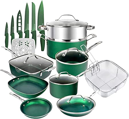 Granitestone Pots and Pans Set Nonstick, 21 Pc Complete Kitchen Cookware Set, Includes Pot Set and Pan Set with Lids, Knives Set for Kitchen, Steamer, and Deep Frying Basket, Dishwasher Safe- Green