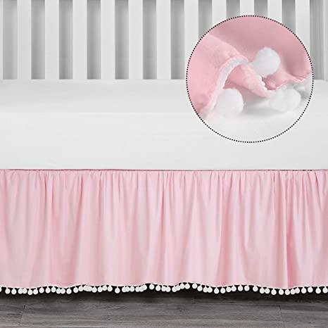 TILLYOU Ruffled Crib Skirt with Pompoms, Microfiber Nursery Crib Toddler Bedding Skirts for Baby Boys Girls, 14'' Drop, Pink