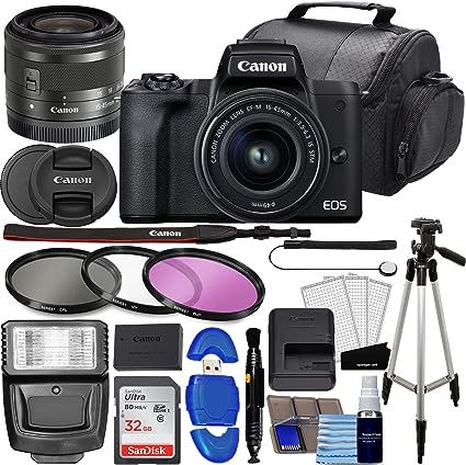 Camera EOS M50 Mark II Mirrorless Digital SLR with 15-45mm Lens Kit (Black)   32GB Memory Card   3 Piece Filter Kit, Tripod, Flash   Photography Bundle