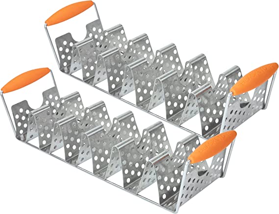 Blackstone 5173 Deluxe Holder Stand Pack of 2 Stainless Steel Racks with Heat Resistant Handles-One Tray Holds 6 Tacos-Dishwasher Safe, Orange/Silver