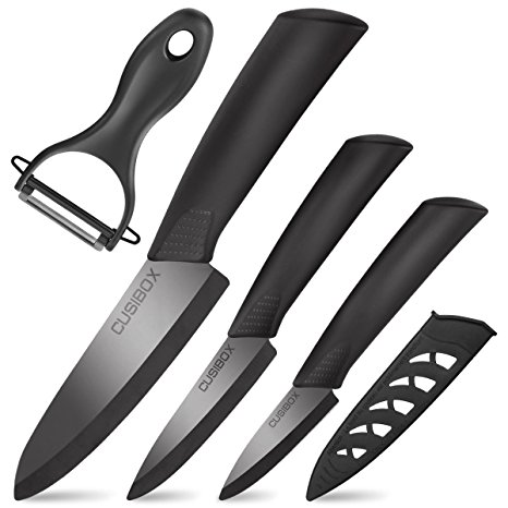 Ceramic Knife Set, CUSIBOX 4-Piece Mirror Gloss Ceramic Kitchen Knife Set with Protective Sheaths, 3" Paring 4" Utility 6" Chef Knife and 1 Peeler