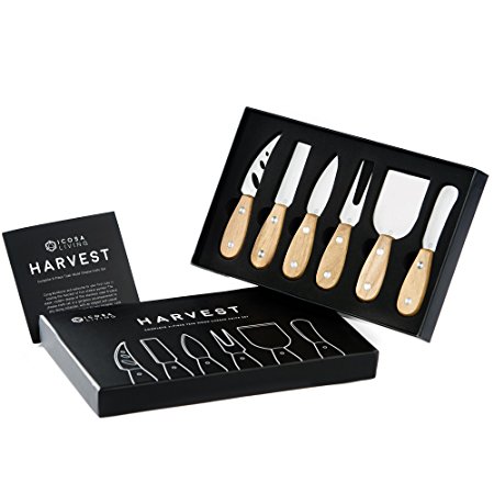 HARVEST Premium 6-Piece Cheese Knife Set - Complete Stainless Steel Cheese Knives Collection with Full-Length Blade and Teak Wood Handle