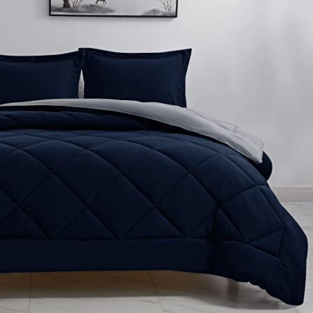 CozyLux Twin Reversible Comforter Set 2-Piece Navy Blue/Light Grey Lightweight Fluffy Bed Set - Soft Cozy Down Alternative Duvet Insert for Boys and Girls (Includes 1 Comforter, 1 Sham)