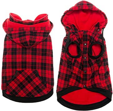 Plaid Dog Sweater Winter Clothes - Warm Fleece Dog Hoodie Cold Weather Coats Windproof Pet Jackets with Detchable Hat and Pocket for Medium Large Dogs