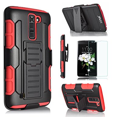 LG K10 Case, LG Premier LTE Case, Starshop [Heavy Duty] Dual Layers Kickstand Case With [0.33m 9H Tempered Glass Screen Protector Included] and Locking Belt Clip (Red)