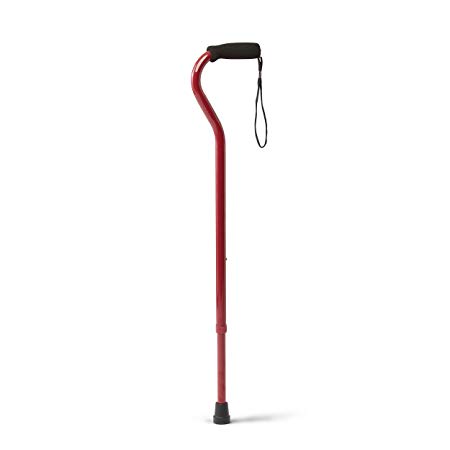 Medline Offset Single Point Walking Cane, Aluminum Walking Stick is Adjustable, Microban Antimicrobial Protection, 300 lb Capacity, Red