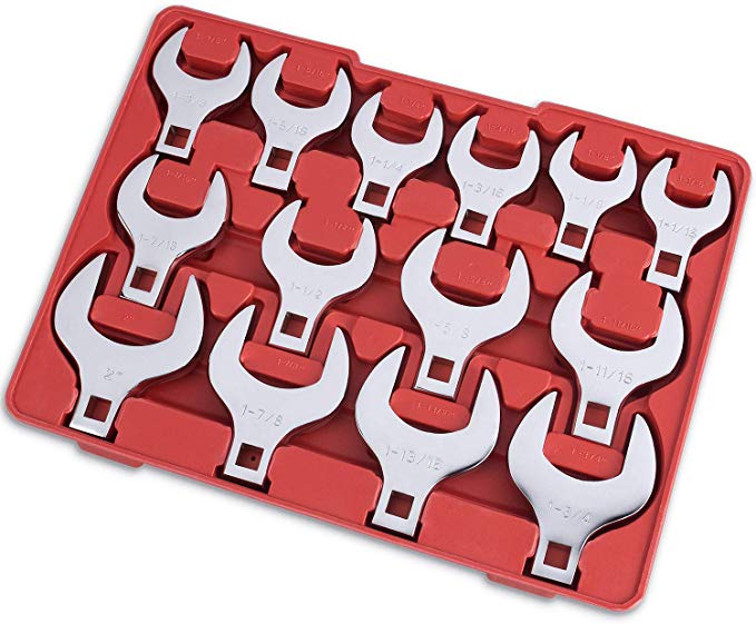 14-Piece Premium 1/2" Drive Jumbo Crowfoot Wrench Set | Include Standard SAE Sizes from 1-1/16" to 2" with Storage Tray | Chrome Vanadium Steel and Mirror Chrome Finish