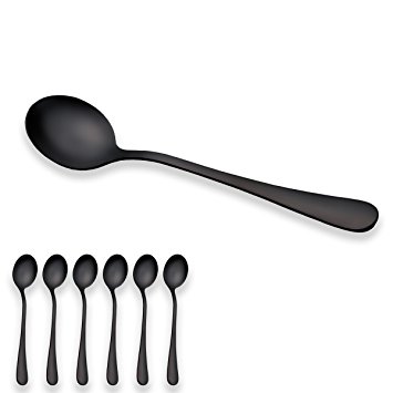 Berglander Black Titanium Plated Stainless Steel Soup Spoons, Black Color Soup Spoon, Stainless Steel Round Spoons, Pack of 6