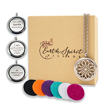 Aromatherapy Essential Oil Diffuser Necklace Gift Set, Stainless Steel Locket, 24” Chain with 2” Extension, 3 Interchangeable Inspiration Jewelry Charms   6 Refill Pendant Pads (Flower Of Life)