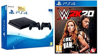 Sony PS4 1TB Slim Console with Additional Dualshock Controller (Black)   WWE 2K20 (PS4)