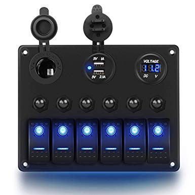 Nilight 6 Gang 5 Pin ON/Off Toggle Rocker Switch Panel with 12V-24V LED Digital Voltmeter 3.1A Dual USB Charger Cigarette Lighter Socket Overload Protection For RV Truck Boat SUV, 2 Years Warranty