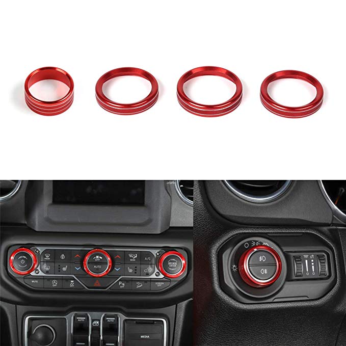 YOCTM Red Interior Styling Car Headlight Air Conditioning Switch Knob Button Decoration Cover Ring Trim for Jeep Wrangler JL 2018 Parts Accessories (Pack of 4)