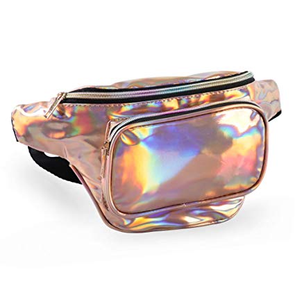 Holographic Fanny Pack for Women and Men with Adjustable Belts – Metallic Leather Running Waist Pack for Cycling,Festival,Party,Hiking,Jogging,Traveling,Outdoor Sports. (ROSE GOLD)