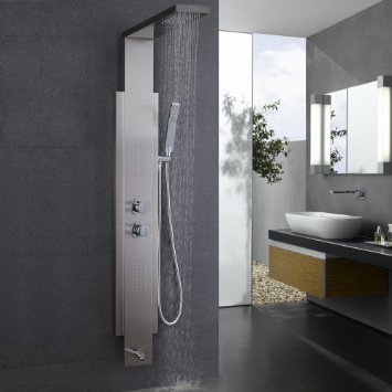 KES SUS 304 Stainless Steel Rainfall Shower Panel Thermalstatic Faucet 5-Function Rain Massage System with Jets, Hand Shower and Side Spray Brushed Nickel Fingerprint-free, XPM2500-2