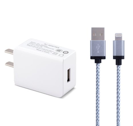 Mopow 3FT Nylon Lightning Cable with White 2A USB Travel Home Wall Charger AC Adapter Power Plug Compatible for iPhone iPad Samsung Nexus HTC Nokia Motorola Android Tablets and Smartphone