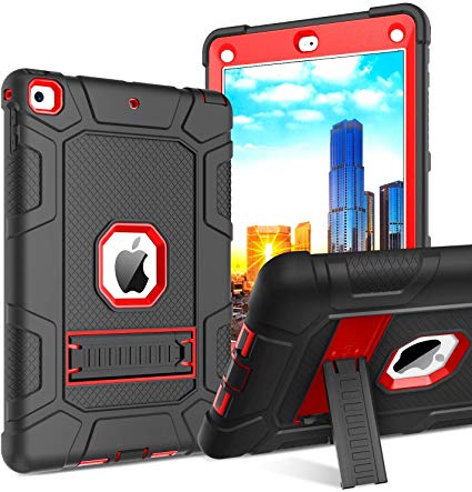 iPad 6th Generation Case, iPad 5th Gen Case, BENTOBEN 3 in 1 Heavy Duty Hybrid Soft Silicone Hard Plastic Cover with Kickstand Rugged Shockproof Protective Case for iPad 2018/2017, Black & Red