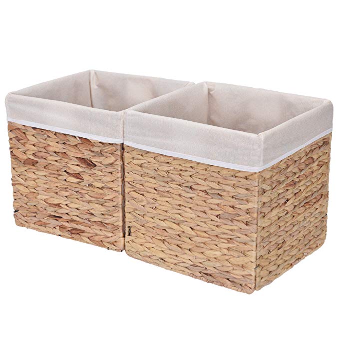 StorageWorks Rectangular Wicker Storage Baskets, Water Hyacinth Basket with Lining, Large Baskets for Cube Storage, 11.8"x11.8"x11.8", 2-Pack