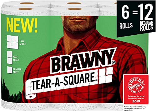Brawny Tear-A-Square White Paper Towels, 6 Rolls, 6 = 12 Regular Rolls, 3 Sheet Size Options, Quarter Size Sheets