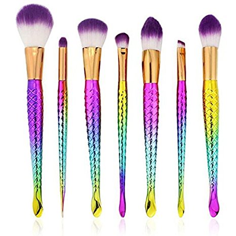 Mermaid Makeup Brushes, Samyoung Dreamy Fish Scale Handle Fishtail Brush Set Cosmetic for Foundation Eyeshadow Cream Concealer Eyebrow Eyeliner Blush Cosmetic Brushes Tools by 7Pcs