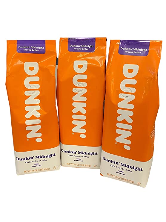 Dunkin' Donuts Ground Coffee 1 LB. Bag Multi Pack (Dunkin' Midnight Dark Roast, Three Pack)