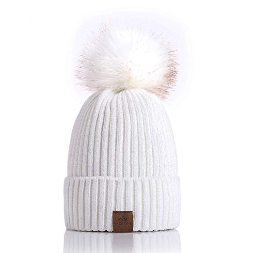 PAGE ONE Women Winter Pom Pom Beanie Hats Warm Fleece Lined,Chunky Trendy Cute Chenille Knit Twist Cap