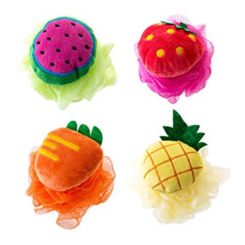 Rocutus 4pcs Child Bath Shower Sponge Pouf Loofahs Mesh Brush Shower Ball Cute Bath Flower With Hooks for Travel (Mixed 4)